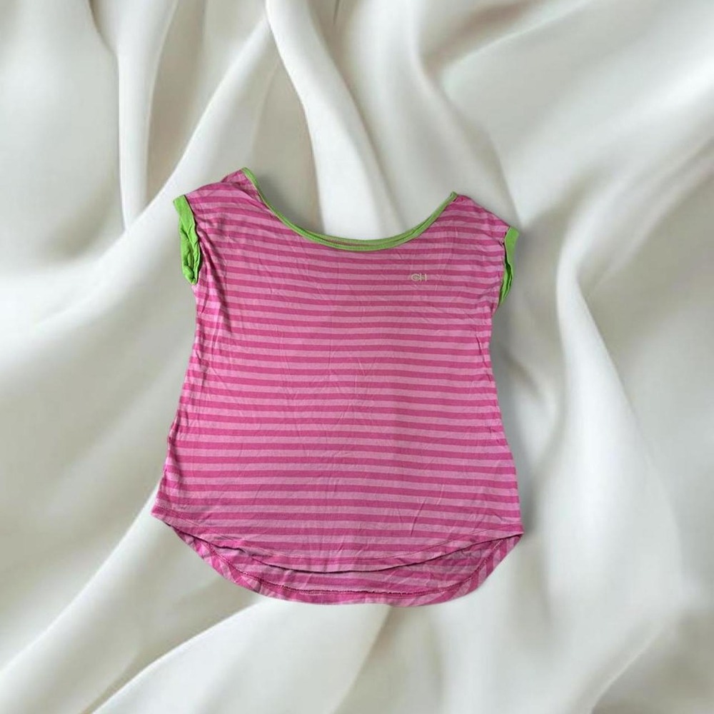 Hollister Gilly Hicks pink striped green trim wide neck short sleeve baby tee